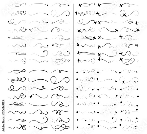 Hand-drawn swirl and arrow line collection with airplane trails, dashed and dotted paths, curly brush strokes, and playful decorative elements for design and illustration use
