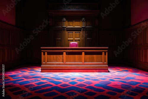 A formal courtroom setting with elaborate wood paneling and a bold patterned carpet.