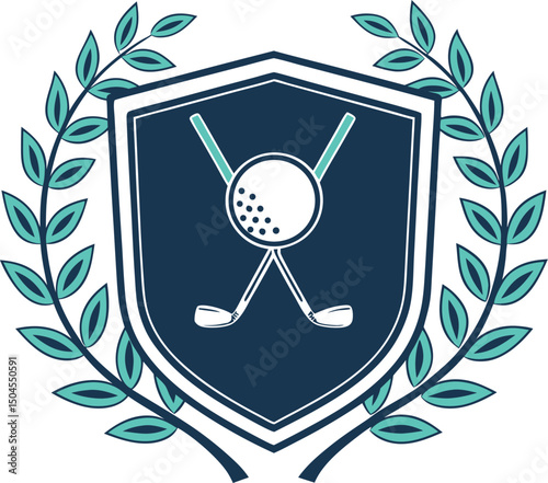 Elegant Golf Emblem with Crossed Clubs, Ball, Shield, and Laurel Wreath Design.