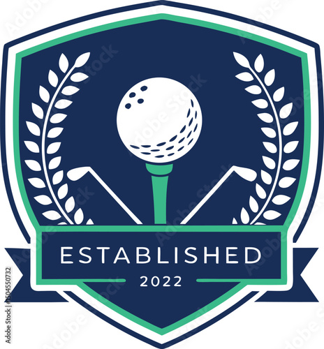 Golf club logo, tournament emblem, golf ball on tee, golf clubs crossed, laurel wreath, shield shape 