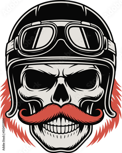 Skull Biker Vector Image: Helmet, Goggles, Moustache, and Retro Style.