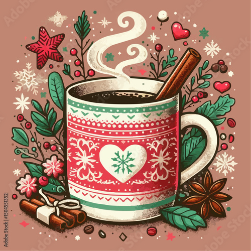Festive mug of hot beverage with cinnamon and decorations on a cozy background for winter warmth concept
