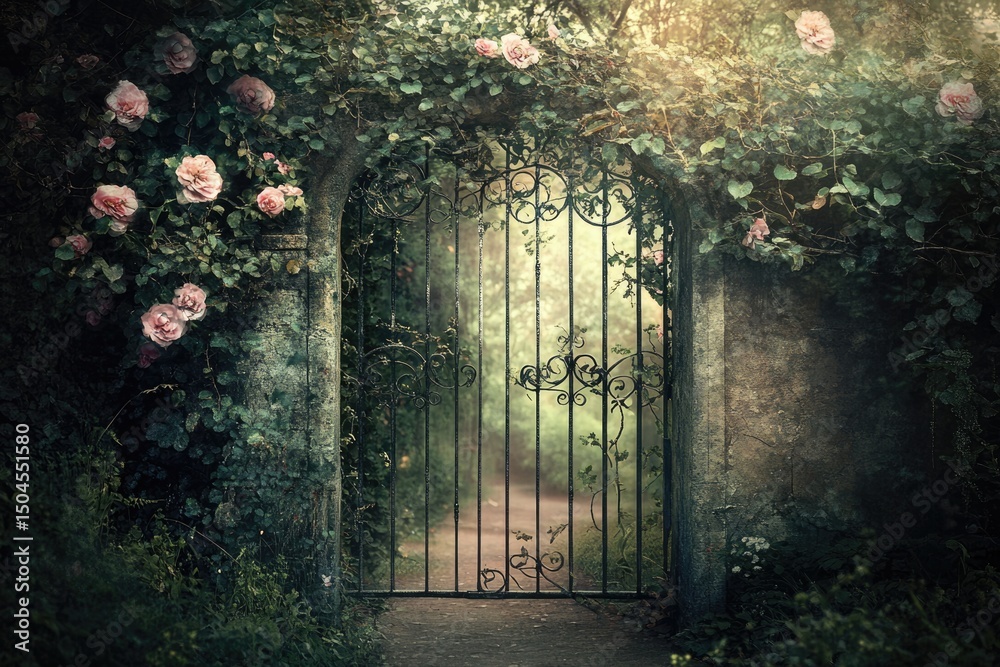 Obraz premium A wrought iron gate entwined with roses, leading to a mystical garden bathed in soft sunlight.