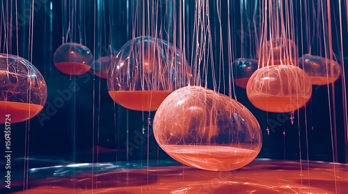 Transparent orbs with orange liquid, suspended by fine lines in a dark, glowing abstract space, creating a surreal and artistic visual