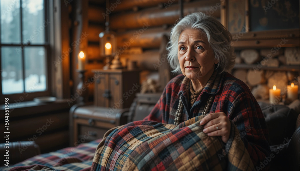 Naklejka premium Elderly woman cozying up with a blanket in a rustic cabin during winter, surrounded by warmth