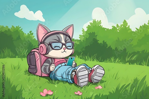 Cartoon cat lying on the grass listening to music