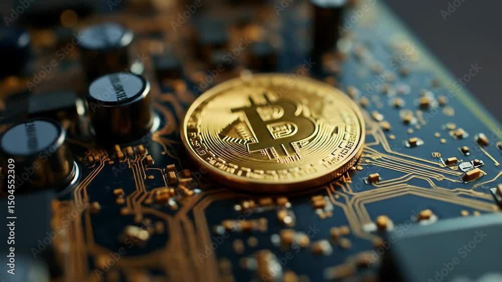 Bitcoin Cryptocurrency Digital Gold on Circuit Board - Exploring the Future of Finance