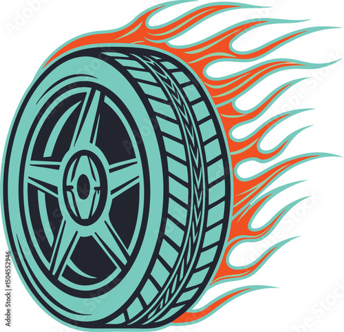 Racing Wheel with Flames Graphic Illustration for Automotive or Motorsport Designs.