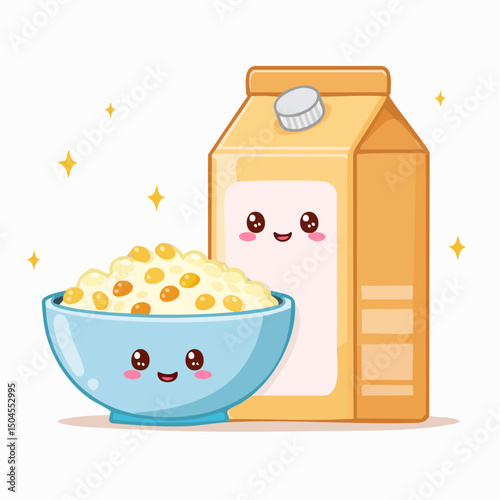 Kawaii Cereal and Milk Duo – Flat 2D Vector