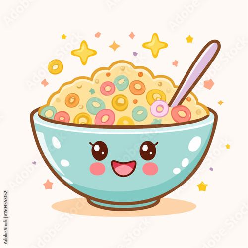 Kawaii Cereal Bowl with Smile – Flat 2D Vector