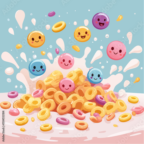 Spilled Kawaii Cereal – Flat 2D Cute Illustration