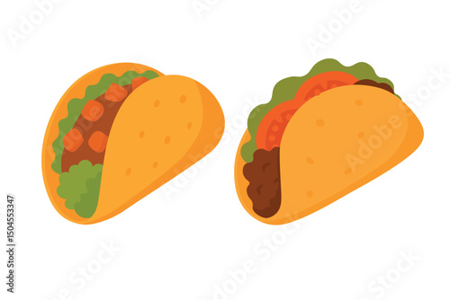 Flat cartoon set of two tacos filled with meat, lettuce, tomato and vegetables in soft shells.