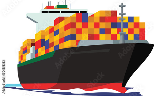 Stylized Cargo Ship Vector Illustration: Global Trade, Maritime Transport, and Logistics Concept.