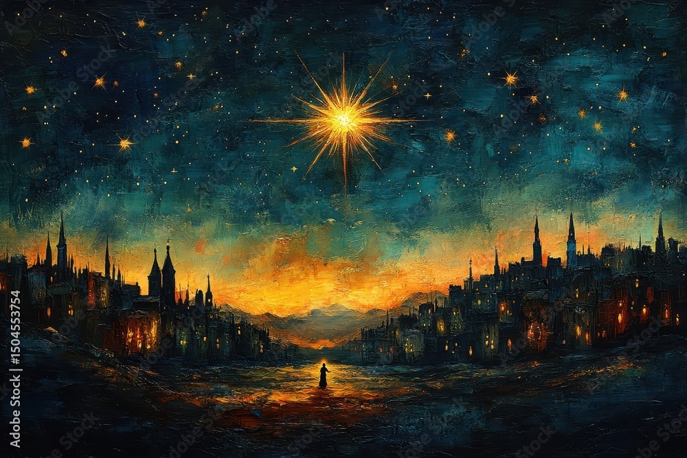 Fototapeta premium Starry night lights up a tranquil city skyline beneath a brilliant celestial display