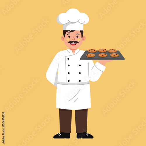 Male chef holding tray of freshly baked cookies in white uniform and hat vector illustration 