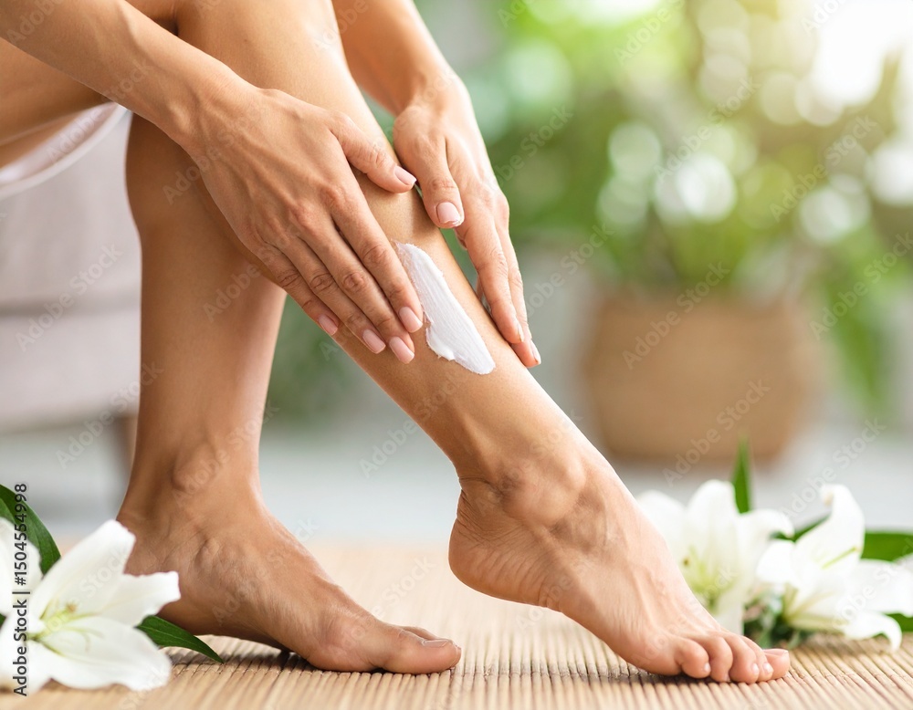 Naklejka premium woman applying cream on her legs