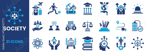 Set of icons related to society, icons, social, community, people, group, network, travel, finance, education, sustainability, business, technology, human, communication, vector illustration.
