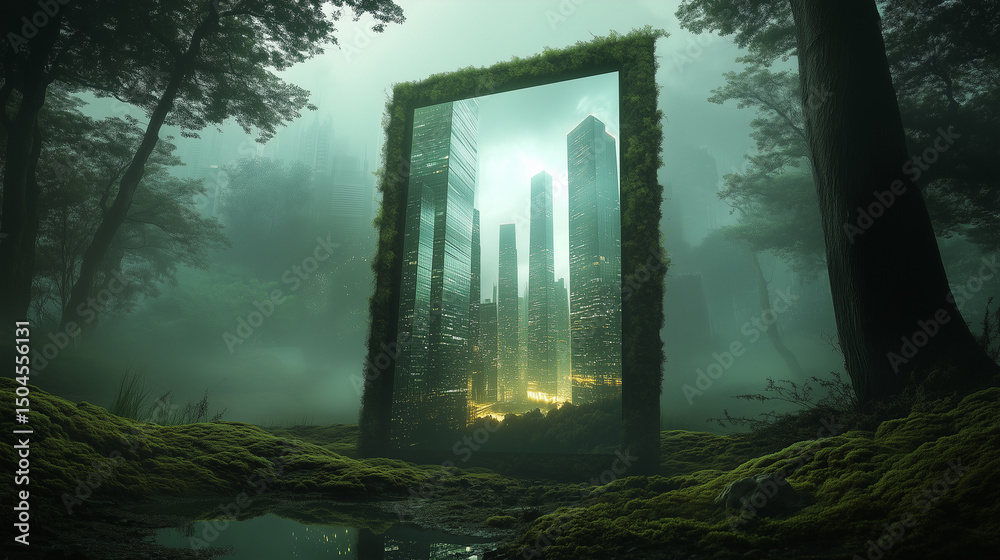 Obraz premium Futuristic mirror portal in deep forest showing glowing modern city skyline inside. Surreal concept of dual reality, nature vs technology, digital escape, sci-fi fantasy world with moss and skyscraper
