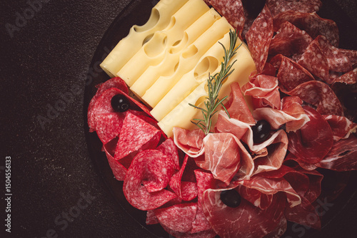 Cold cuts, appetizer, prosciutto, salami and ham, with maasdam cheese and olives, on a round plate, breakfast, top view, close-up, deserted