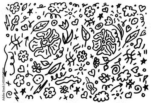 Children's pencil drawing background school pencil drawing Flowers leaves heart sun curls Lattice butterflies tic tac toe Cupid's arrow infinity symbols signs angle ice cream Vector illustration