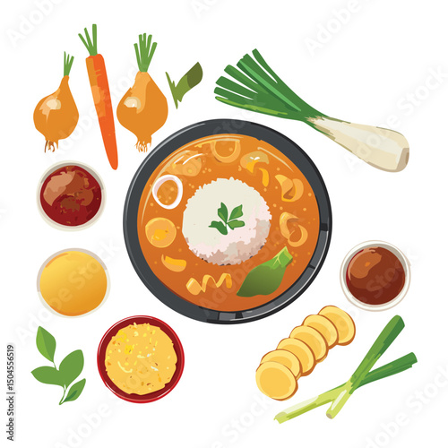 Curry Rice with Rich and Savory Ingredients - Vector Illustration