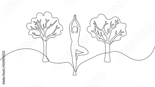 Yoga in the nature in continuous one line art style. Simple vector illustration