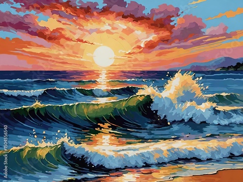 Vibrant ocean sunset with golden sky, gentle waves, and colorful reflections creating a calm and dreamy seascape.