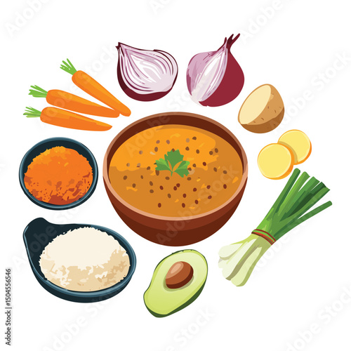 Curry Rice Ingredients for a Soup Meal - Vector Illustration