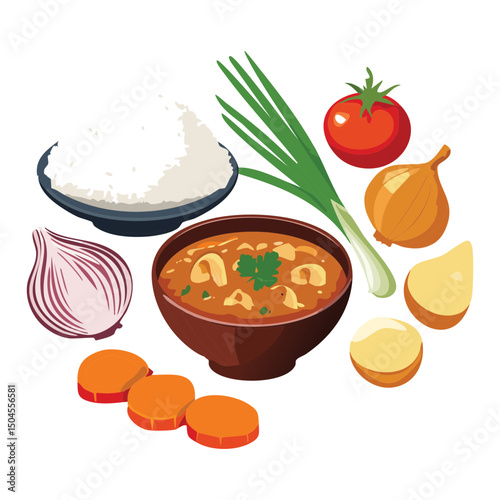 Curry Ingredients with Steamed Rice - Vector Illustration