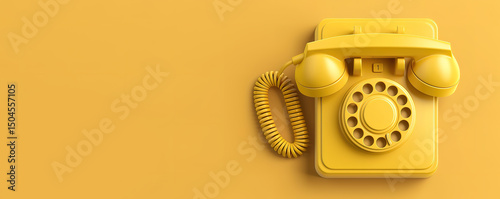 Yellow vintage rotary phone on a yellow background. A retro communication device.