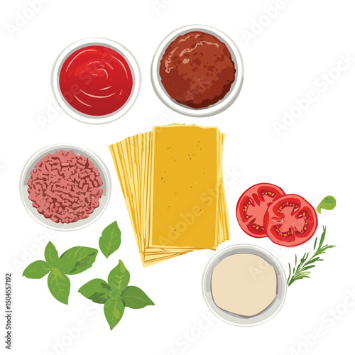 Food Ingredients for Lasagna and Sauce - Vector Illustration