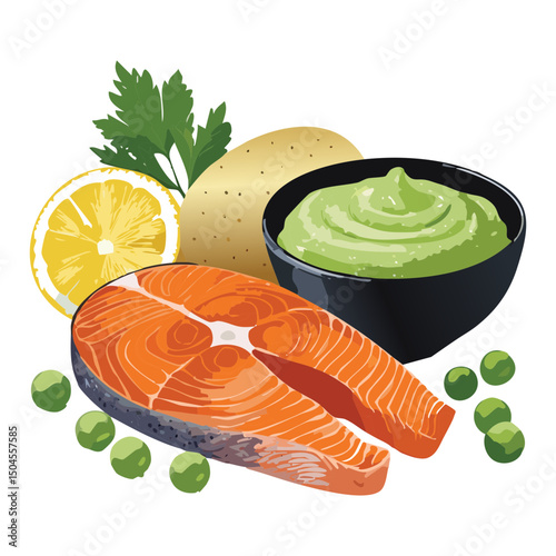 Fresh Salmon Steak Ingredients with Tartar Sauce - Vector Illustration