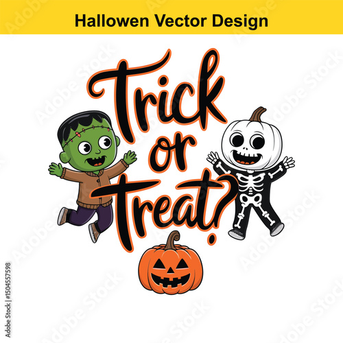 Cute halloween trick or treat illustration with cartoon characters. halloween, trick, or, treat, illustration, cartoon, characters, kids, children