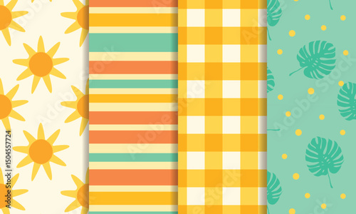 Summer Seamless Pattern Bundle – Sunshine, Tropical Leaves, Stripes, and Gingham Designs