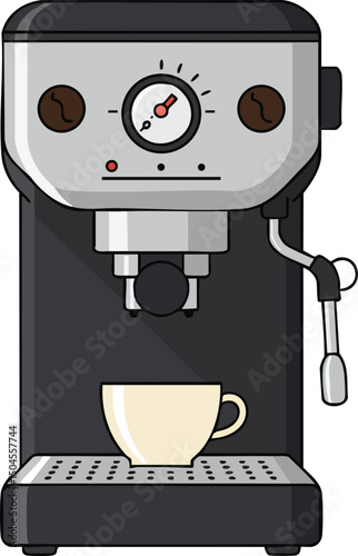 Espresso coffee machine with cup preparing fresh coffee in black and silver colors vector illustration