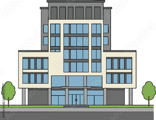 Modern office building with glass windows and trees on urban street vector illustration 