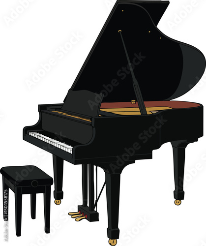 Grand piano with bench black musical instrument illustration vector art design 
