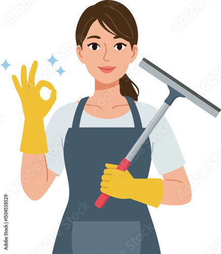 Woman in apron holding squeegee and wearing yellow gloves showing okay sign cleaning window vector illustration 