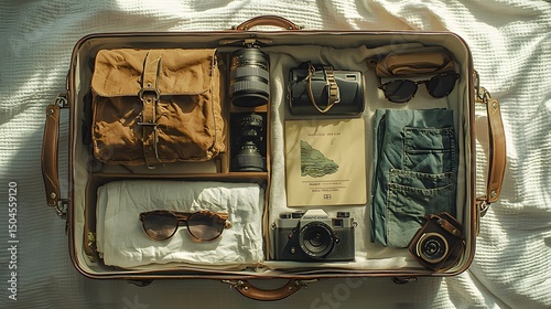 An overhead flat lay of a perfectly packed open vintage suitcase, filled with travel essentials like a camera, map, and sunglasses