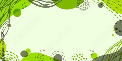 Abstract green stains with black lines Illustration for prints, wall art, cover, banner background. Simple abstract colorful background. Minimalist horizontal cover design template with copy space.