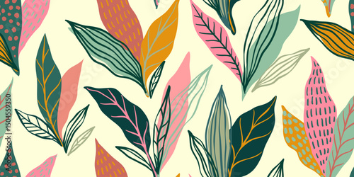 Abstract art vintage colors tropical line art leaves seamless background vector. Wallpaper design with leaves shapes and scribble doodle linear leaf. vintage botanical floral seamless pattern