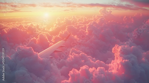 A sleek plane soars through a stunning sky filled with soft, glowing pink and orange, cotton-candy-like clouds