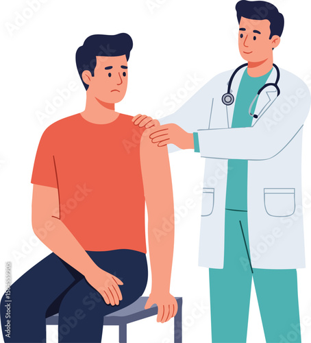 Doctor giving vaccination injection to young man sitting on chair in medical clinic vector illustration 