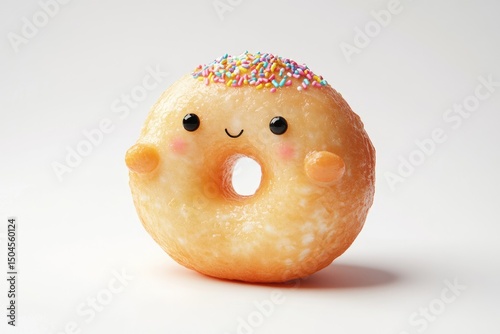 A cute cartoon donut with colorful sprinkles smiles sweetly against a bright white background, radiating joy and sugary goodness.