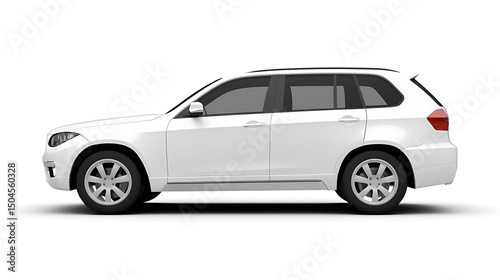 Side view of a white suv with tinted windows and silver rims on a white background