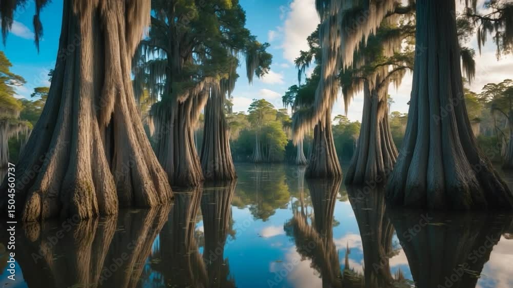 Swamp cypress trees densely populated with epiphytic plants flourish in the swamp's water.