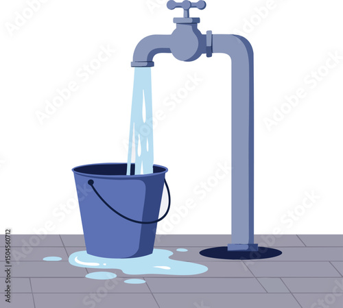 Outdoor water faucet pouring water into blue bucket on tiled floor vector illustration 