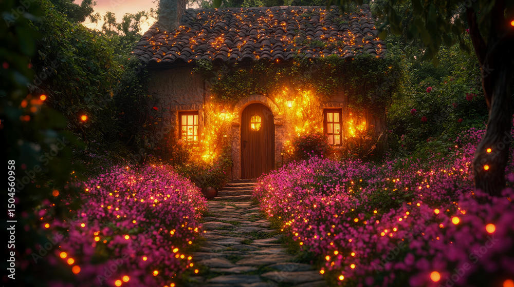 Fototapeta premium Enchanting Cottagecore Abode: A whimsical residence adorned with blooming flora and twinkling light
