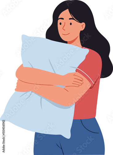 Young woman hugging light blue pillow with calm expression in casual outfit vector illustration 