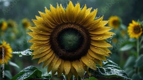 Sunflowers thrive in dreary conditions, persisting in their brilliance even as rain drenches the entire bloom, highlighting their luster. photo